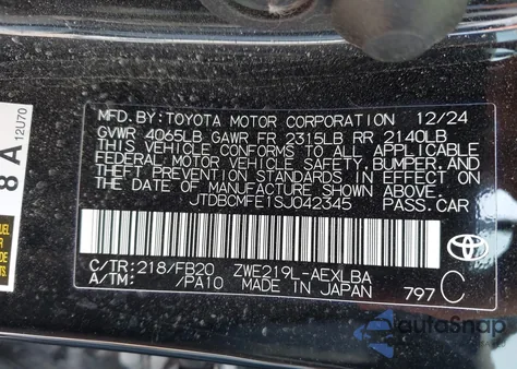 2025 Toyota Corolla Hybrid Le из США, поврежденный, VIN JTDBCMFE1SJ042345